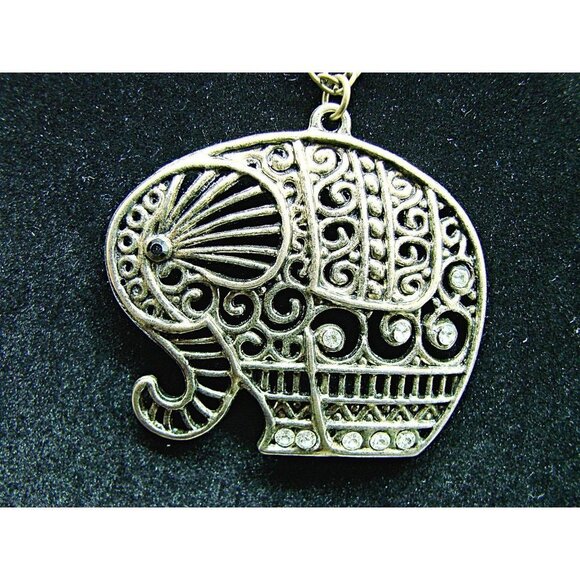 Elephant Pendant Necklace with Rhinestone Crystals Brass Filigree 15" Vintage - Picture 1 of 10